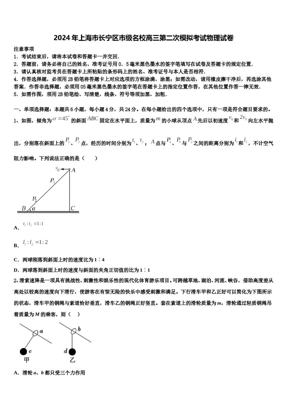 2024年上海市长宁区市级名校高三第二次模拟考试物理试卷含解析.doc_第1页