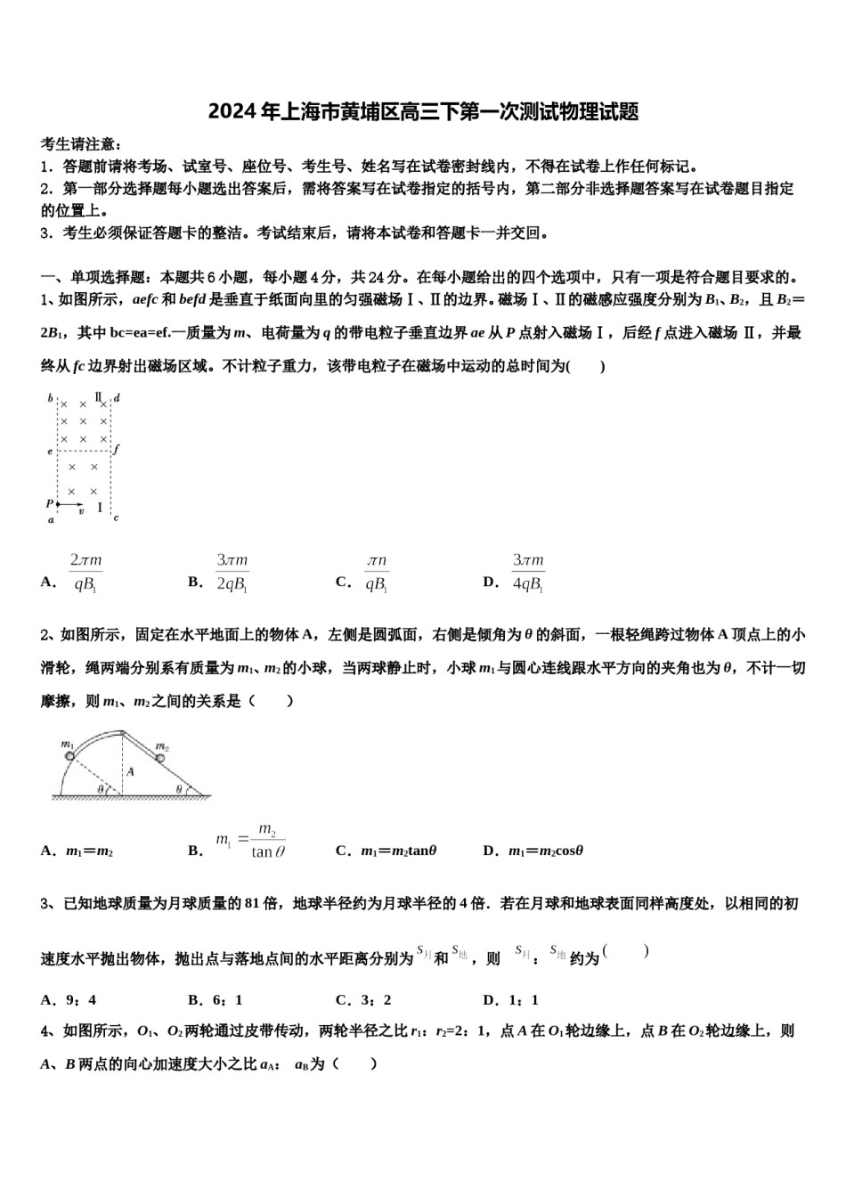 2024年上海市黄埔区高三下第一次测试物理试题含解析.doc_第1页
