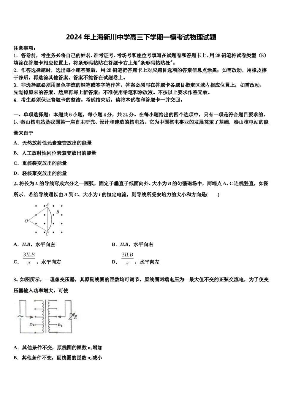 2024年上海新川中学高三下学期一模考试物理试题含解析.doc_第1页