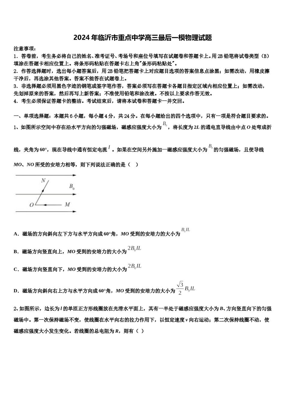 2024年临沂市重点中学高三最后一模物理试题含解析.doc_第1页