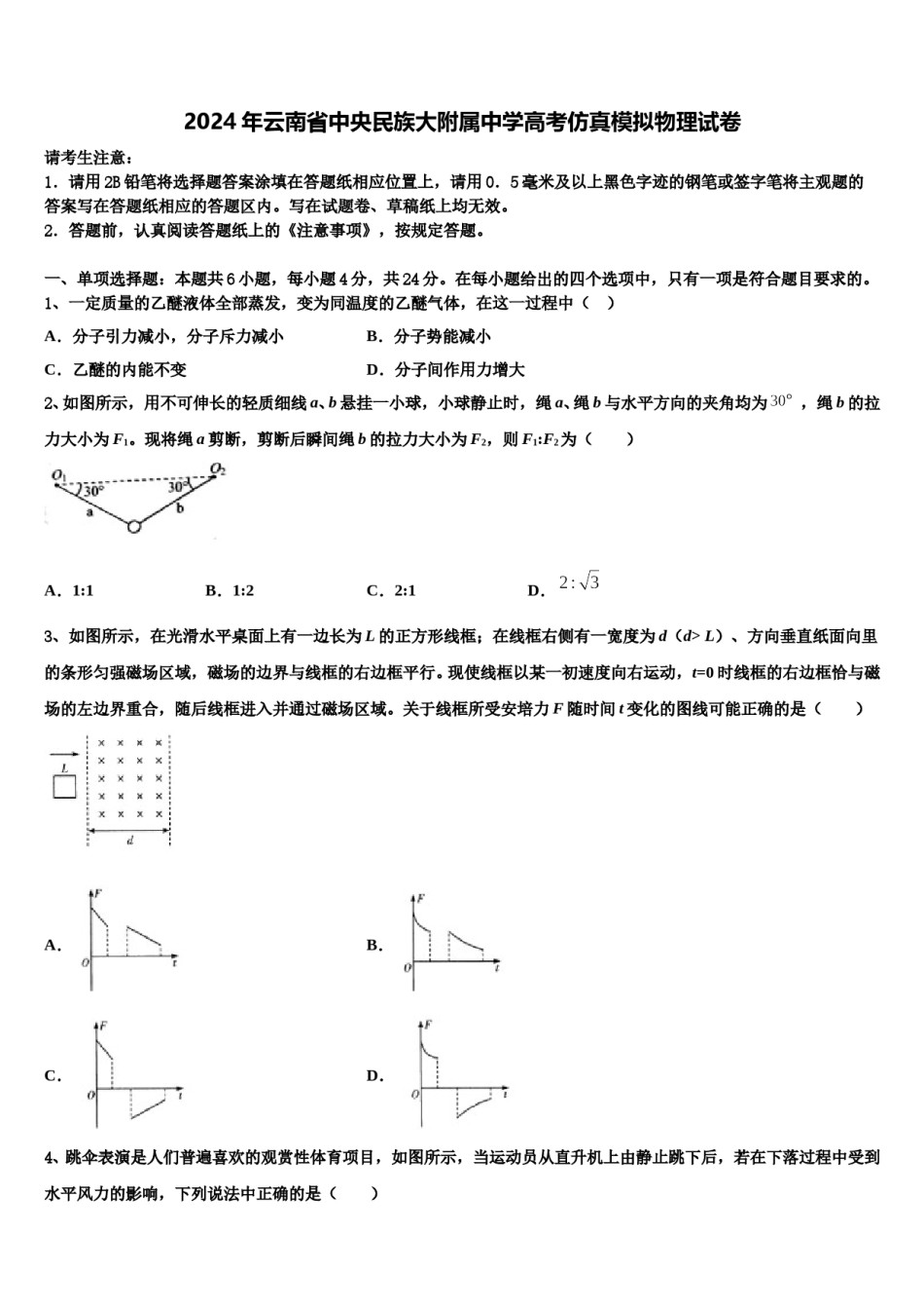2024年云南省中央民族大附属中学高考仿真模拟物理试卷含解析.doc_第1页