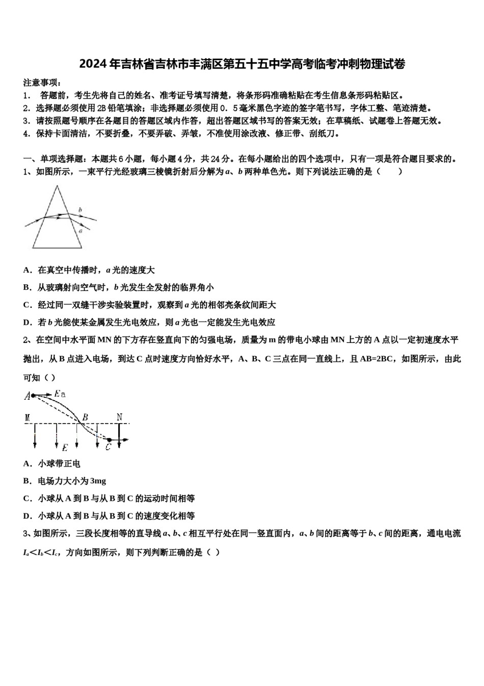 2024年吉林省吉林市丰满区第五十五中学高考临考冲刺物理试卷含解析.doc_第1页