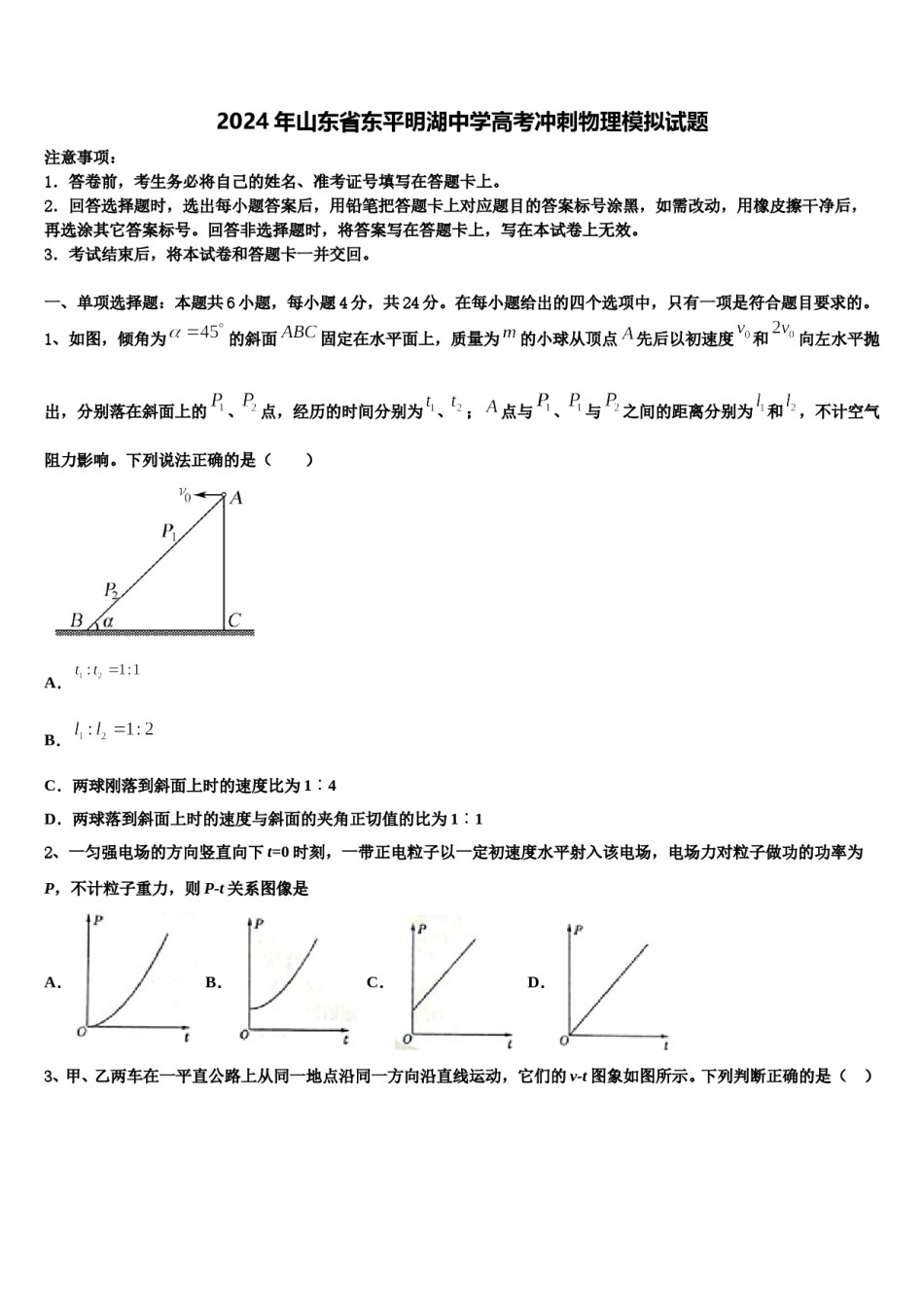 2024年山东省东平明湖中学高考冲刺物理模拟试题含解析.doc_第1页