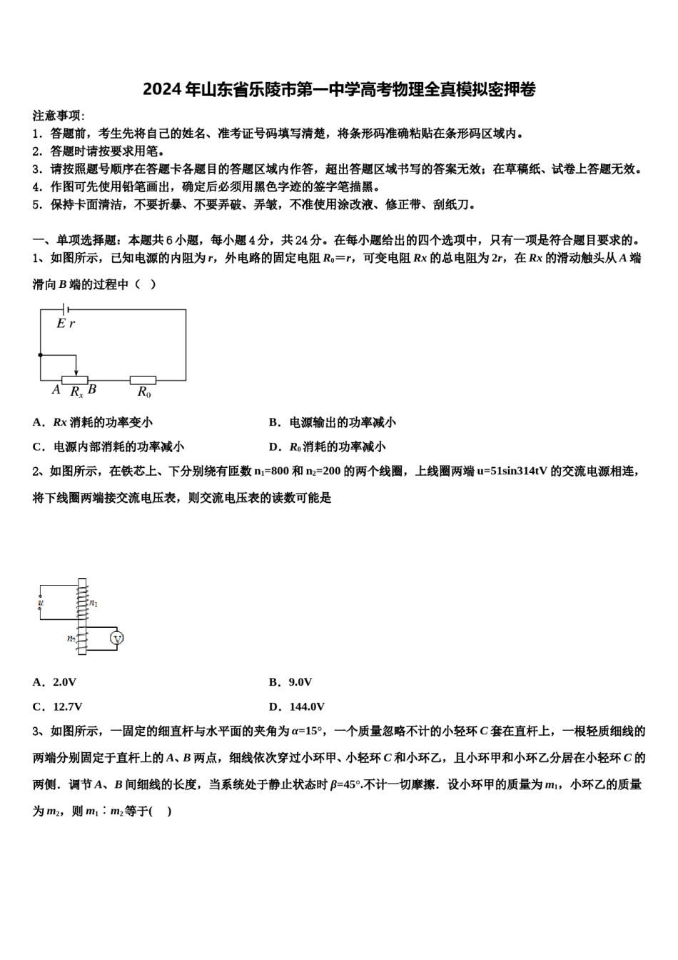 2024年山东省乐陵市第一中学高考物理全真模拟密押卷含解析.doc_第1页