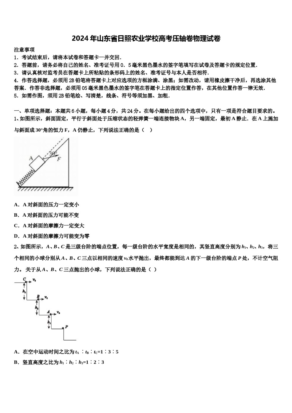 2024年山东省日照农业学校高考压轴卷物理试卷含解析.doc_第1页
