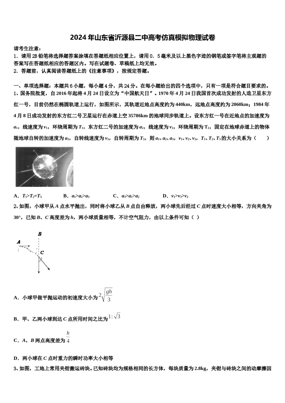 2024年山东省沂源县二中高考仿真模拟物理试卷含解析.doc_第1页