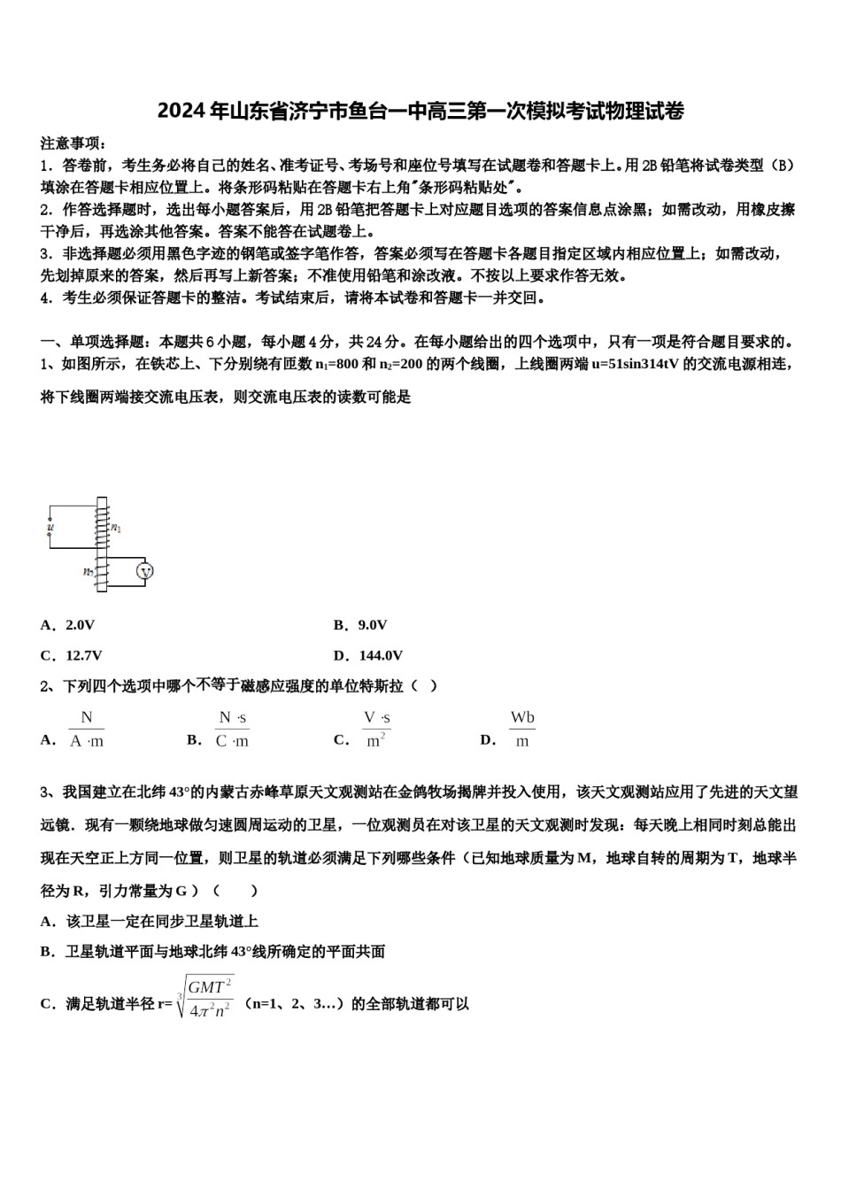 2024年山东省济宁市鱼台一中高三第一次模拟考试物理试卷含解析.doc_第1页