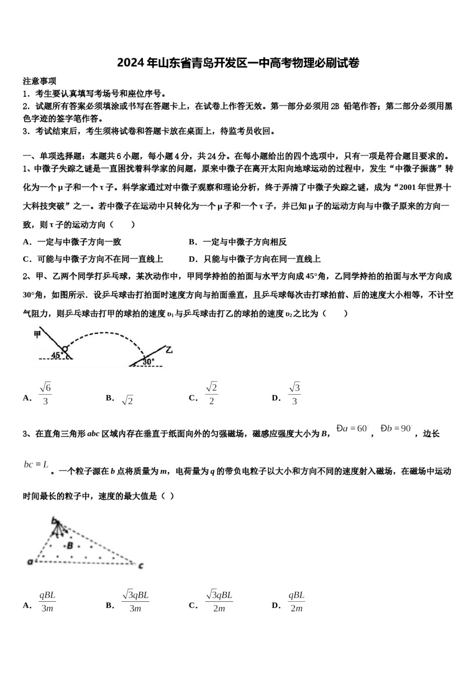 2024年山东省青岛开发区一中高考物理必刷试卷含解析.doc_第1页