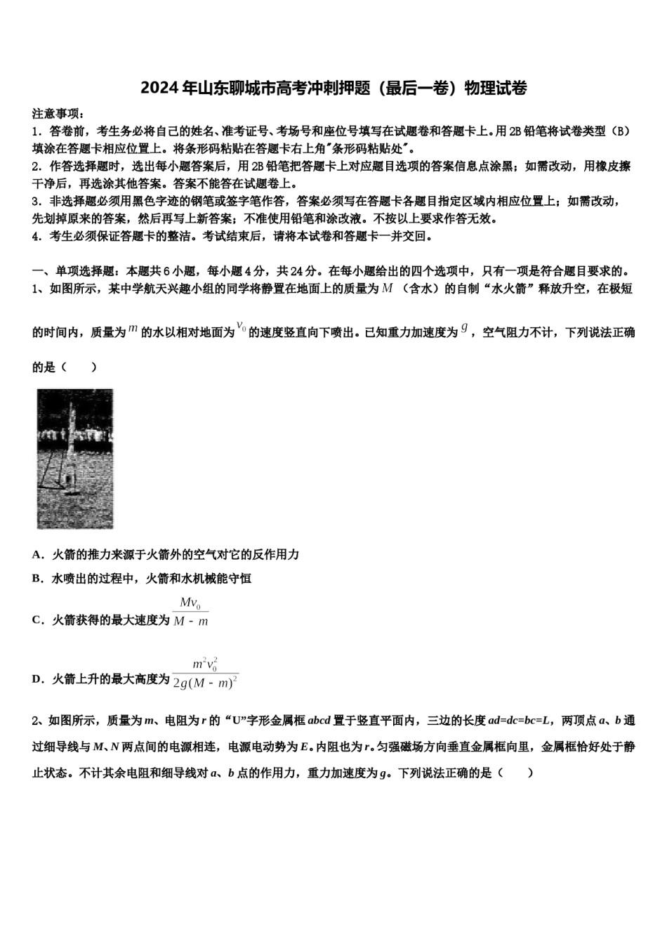 2024年山东聊城市高考冲刺押题（最后一卷）物理试卷含解析.doc_第1页