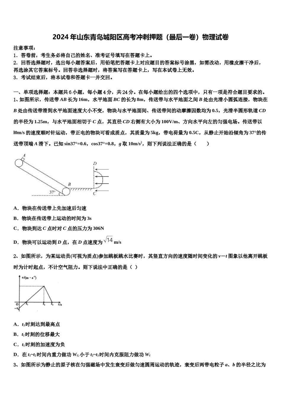 2024年山东青岛城阳区高考冲刺押题（最后一卷）物理试卷含解析.doc_第1页