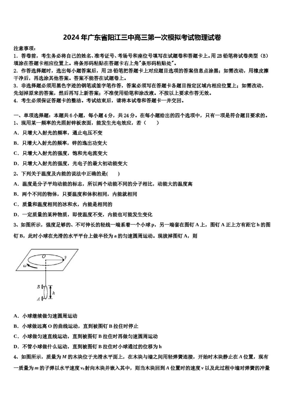 2024年广东省阳江三中高三第一次模拟考试物理试卷含解析.doc_第1页