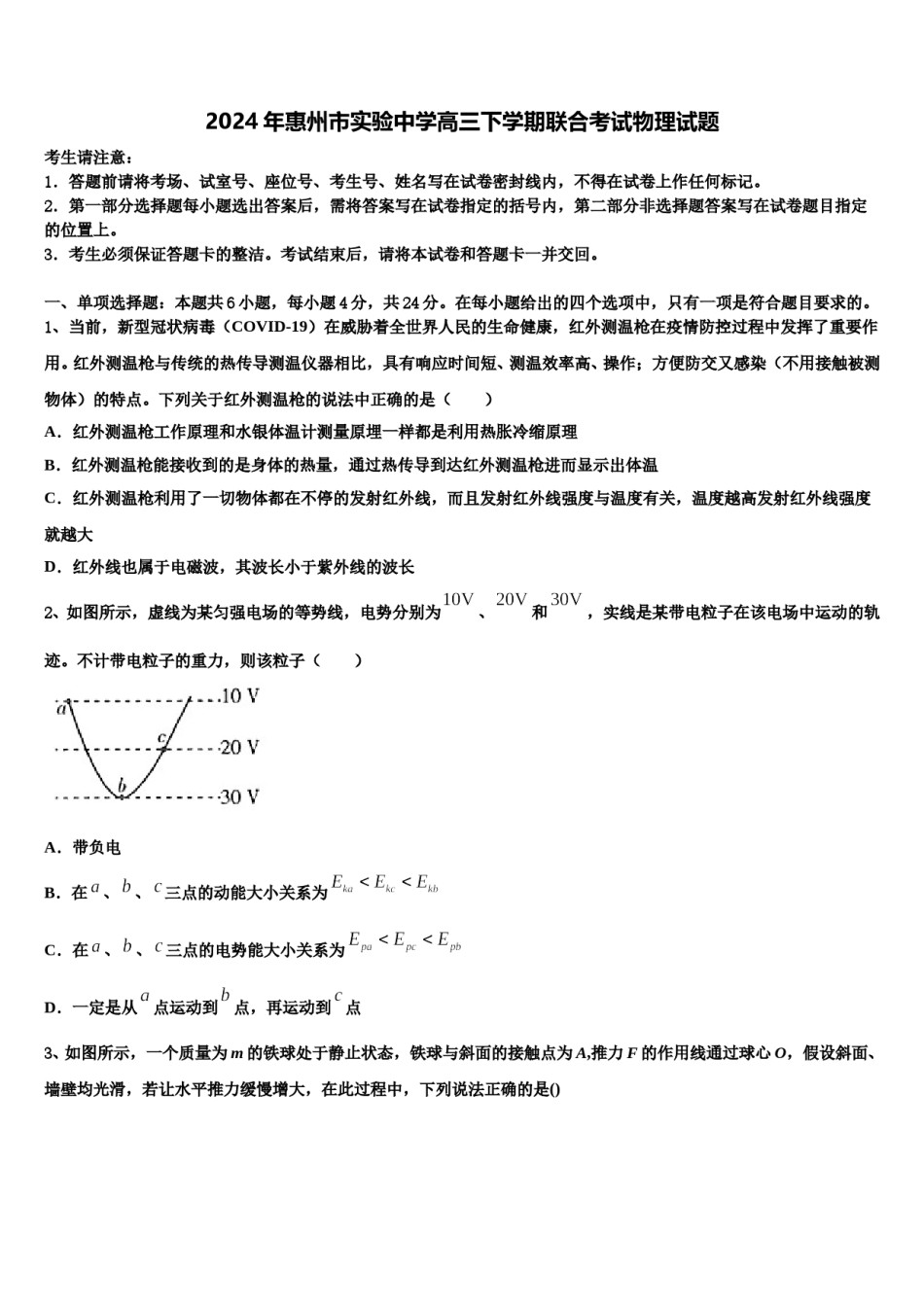 2024年惠州市实验中学高三下学期联合考试物理试题含解析.doc_第1页