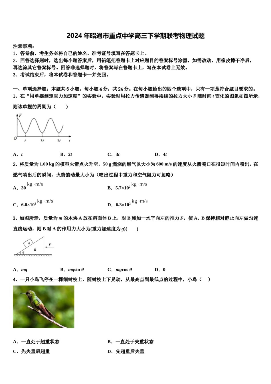 2024年昭通市重点中学高三下学期联考物理试题含解析.doc_第1页