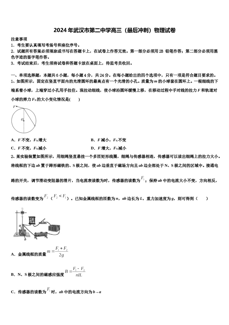 2024年武汉市第二中学高三（最后冲刺）物理试卷含解析.doc_第1页