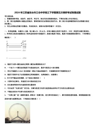 2024年江苏省东台市三仓中学高三下学期第五次调研考试物理试题含解析.doc