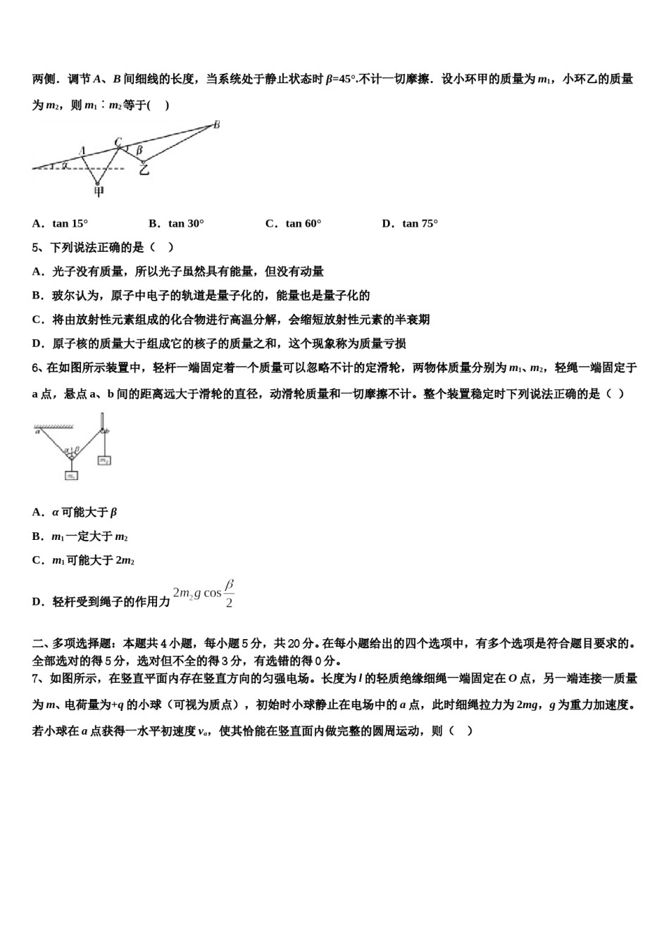 2024年江苏省田家炳中江苏省南通田家炳中学高考物理四模试卷含解析.doc_第2页