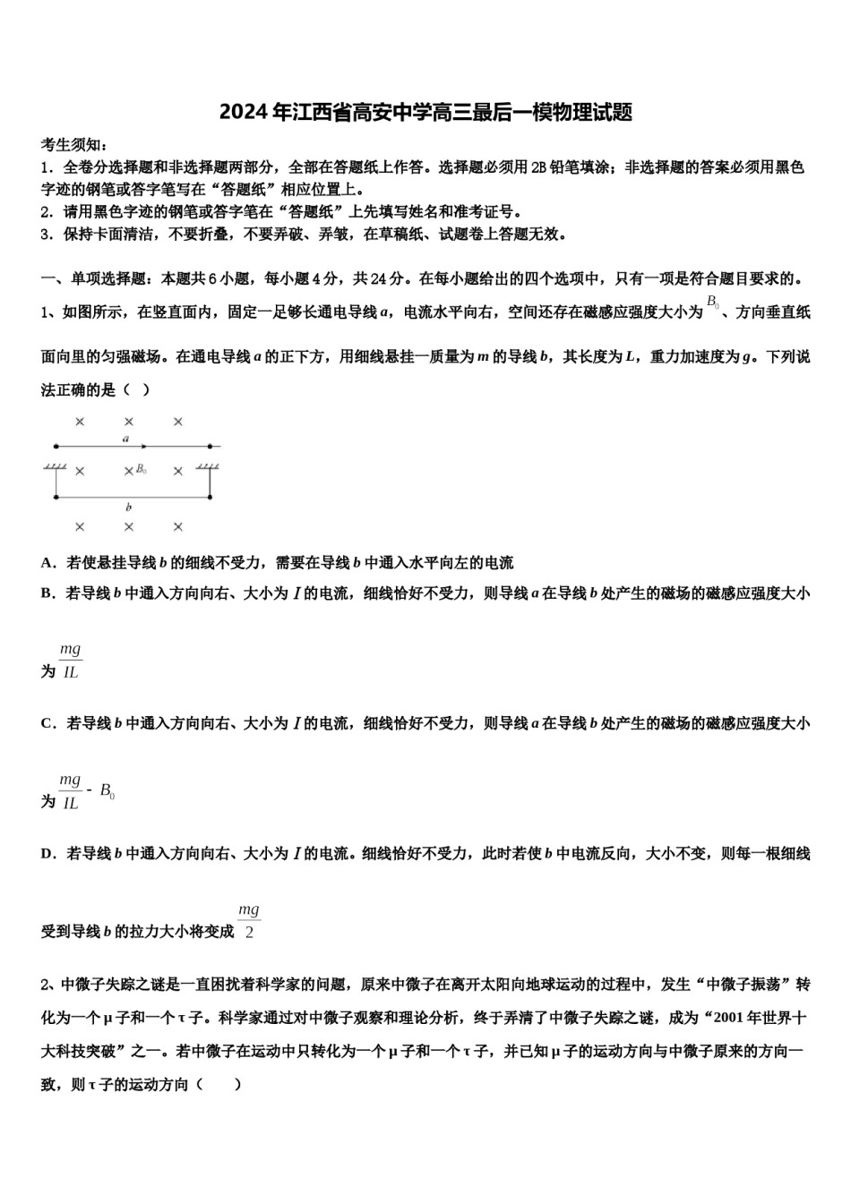 2024年江西省高安中学高三最后一模物理试题含解析.doc_第1页