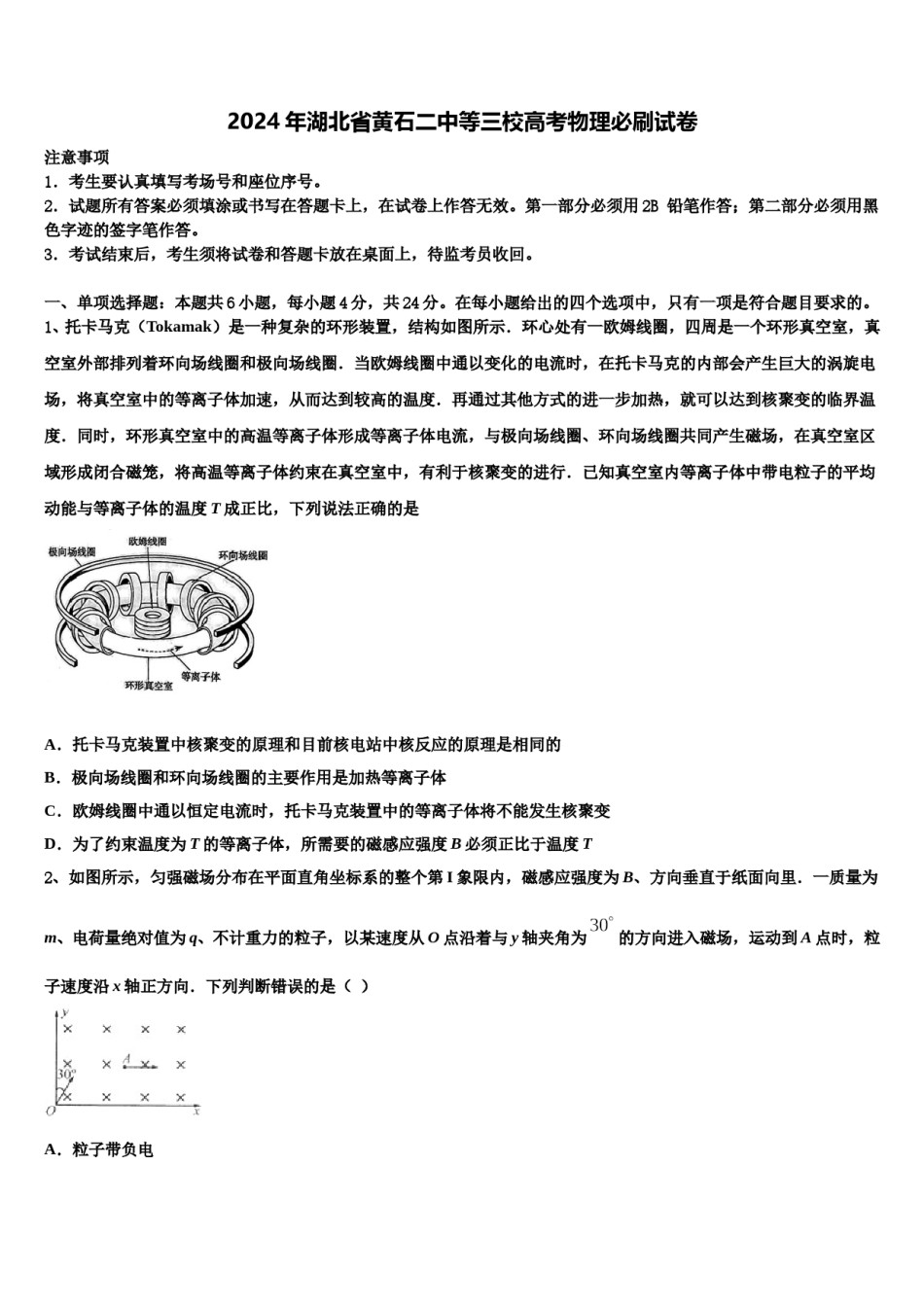 2024年湖北省黄石二中等三校高考物理必刷试卷含解析.doc_第1页