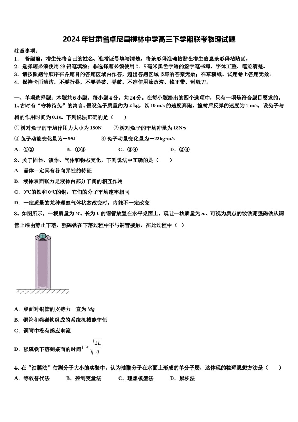 2024年甘肃省卓尼县柳林中学高三下学期联考物理试题含解析.doc_第1页