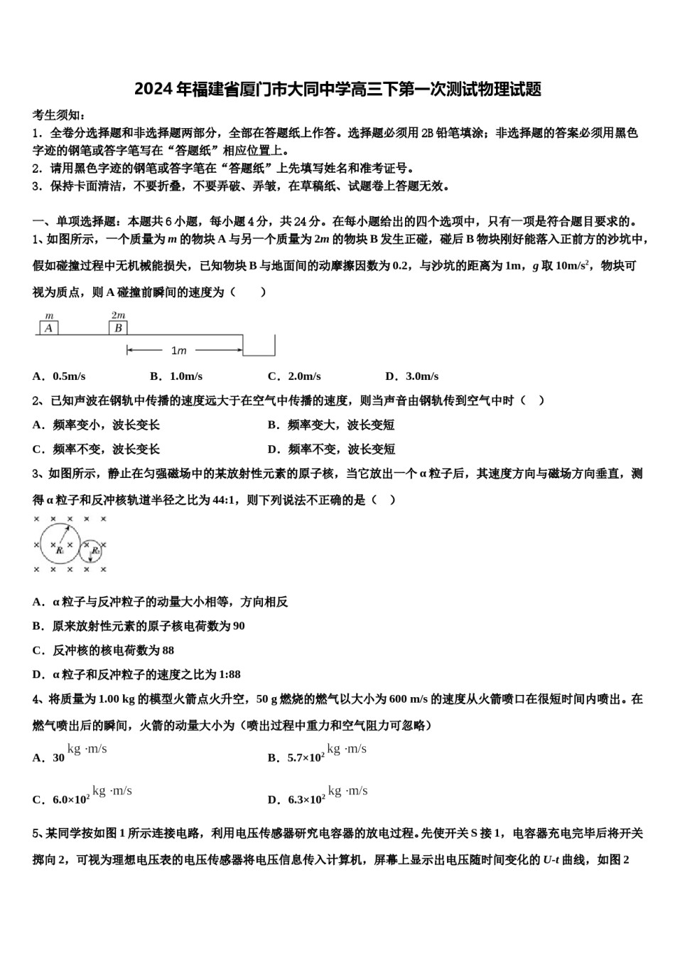 2024年福建省厦门市大同中学高三下第一次测试物理试题含解析.doc_第1页