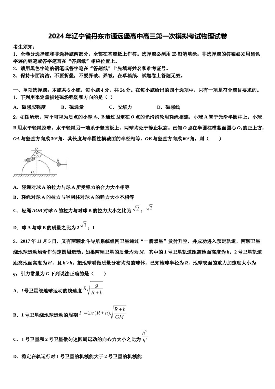 2024年辽宁省丹东市通远堡高中高三第一次模拟考试物理试卷含解析.doc_第1页