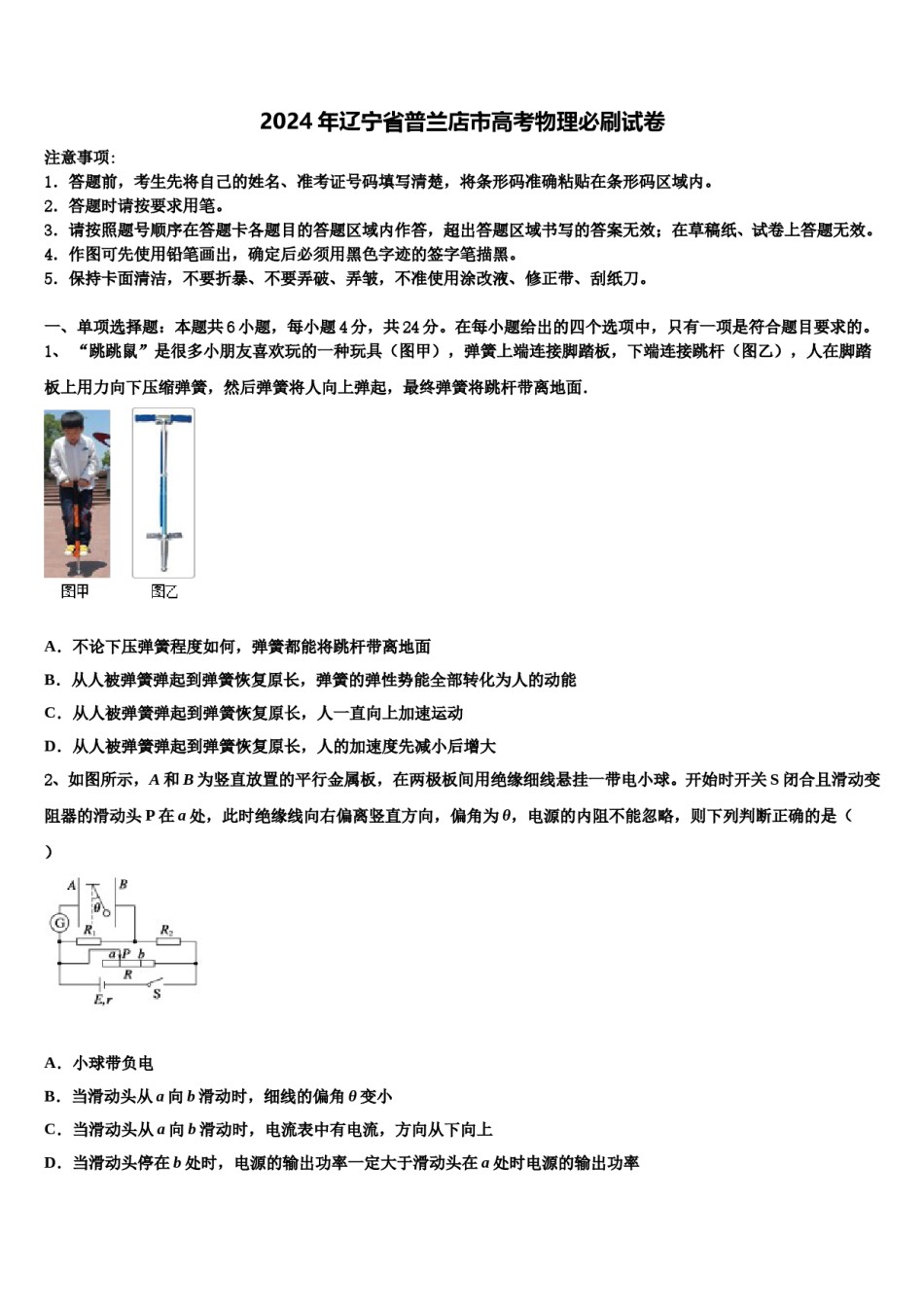 2024年辽宁省普兰店市高考物理必刷试卷含解析.doc_第1页