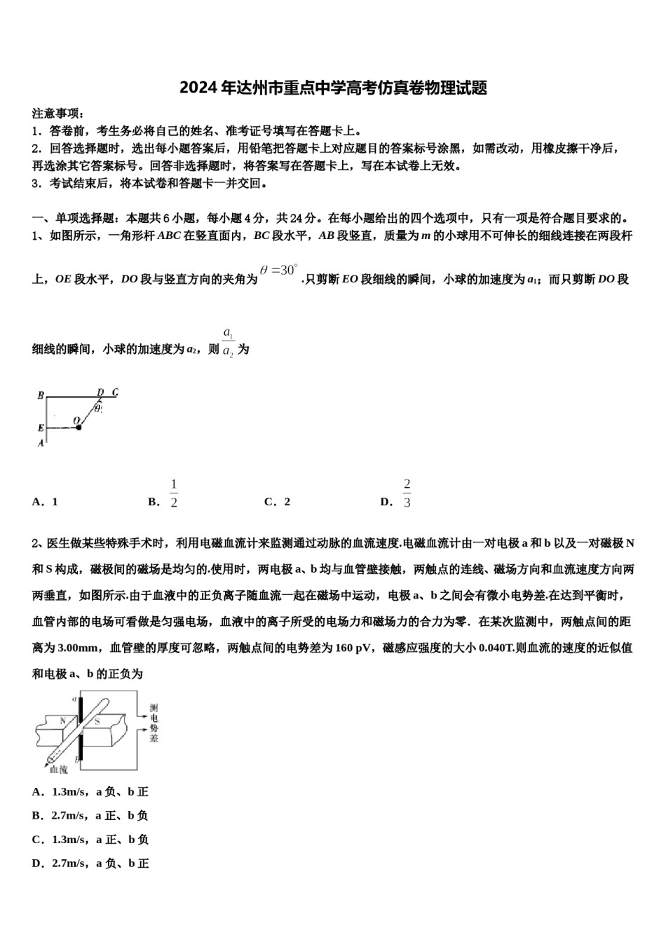 2024年达州市重点中学高考仿真卷物理试题含解析.doc_第1页