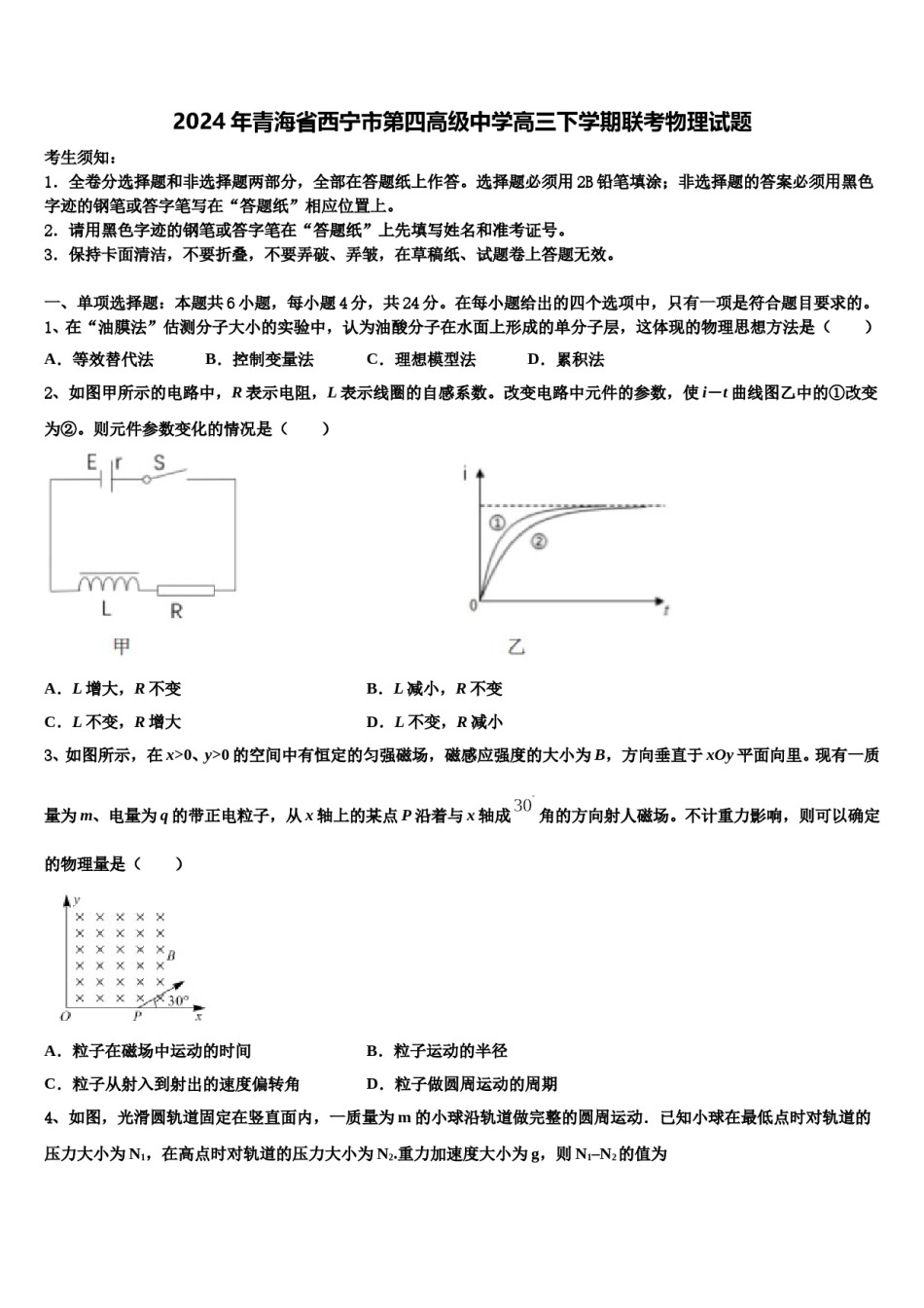 2024年青海省西宁市第四高级中学高三下学期联考物理试题含解析.doc_第1页