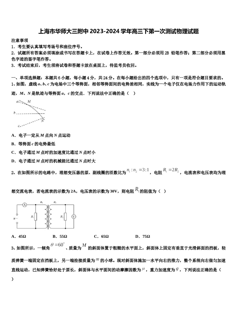 上海市华师大三附中2023-2024学年高三下第一次测试物理试题含解析.doc_第1页