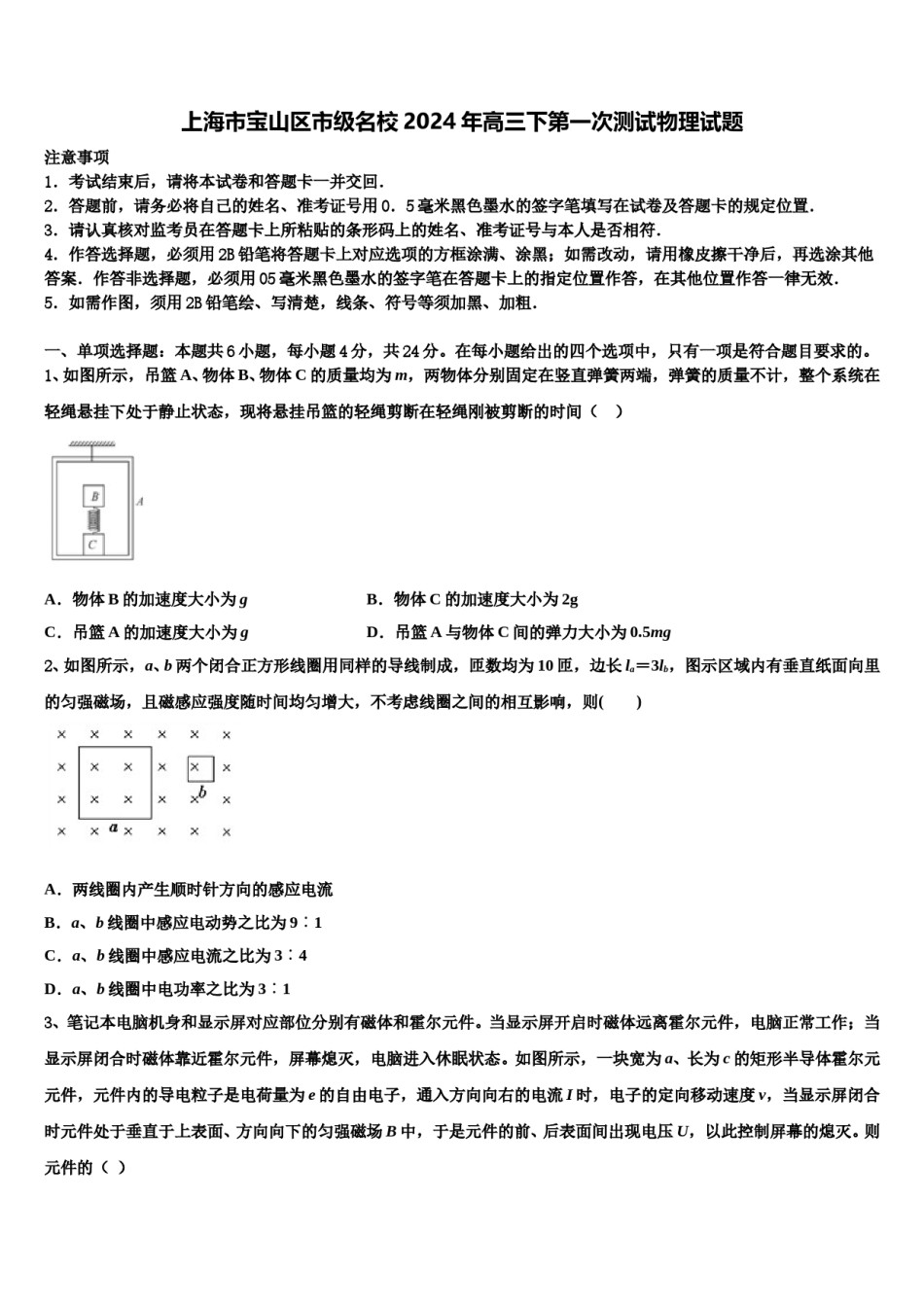 上海市宝山区市级名校2024年高三下第一次测试物理试题含解析.doc_第1页