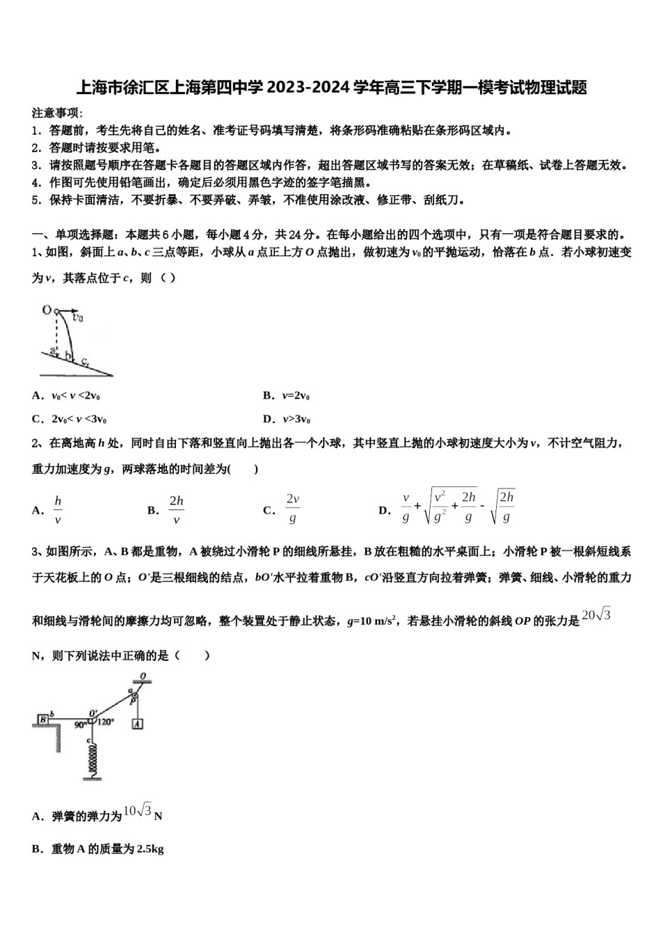 上海市徐汇区上海第四中学2023-2024学年高三下学期一模考试物理试题含解析.doc_第1页