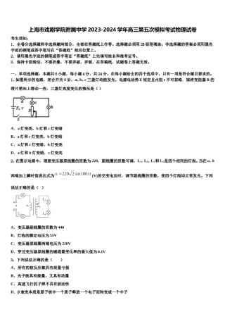 上海市戏剧学院附属中学2023-2024学年高三第五次模拟考试物理试卷含解析.doc