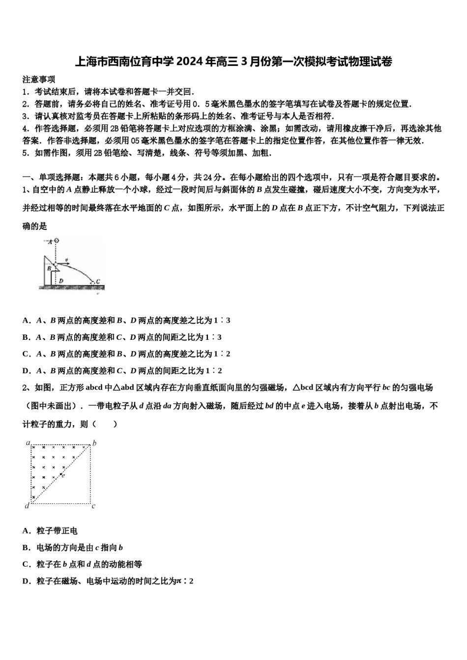 上海市西南位育中学2024年高三3月份第一次模拟考试物理试卷含解析.doc_第1页
