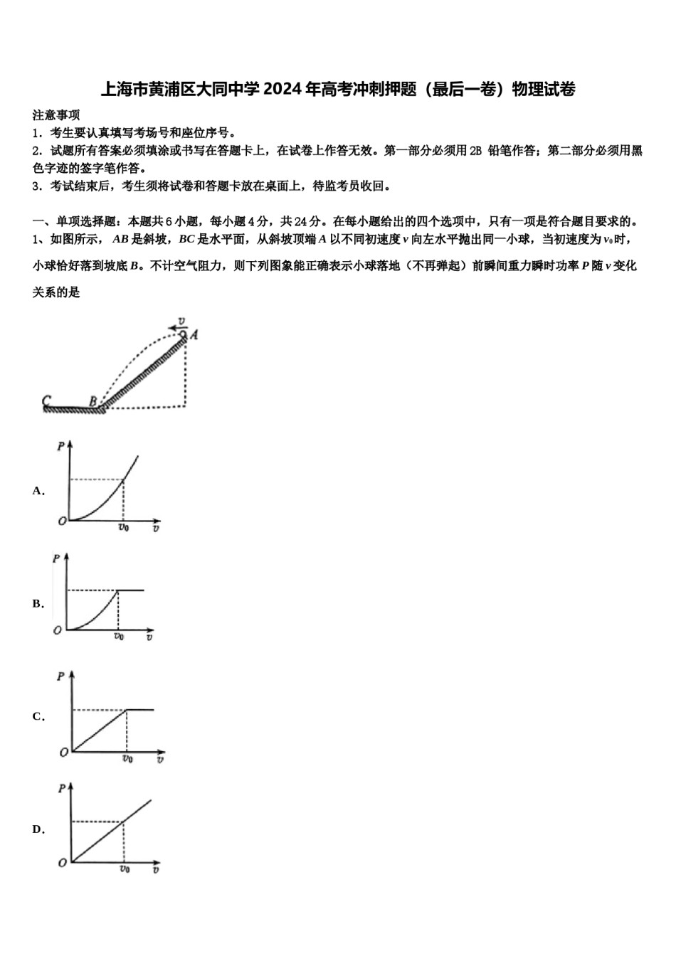 上海市黄浦区大同中学2024年高考冲刺押题（最后一卷）物理试卷含解析.doc_第1页