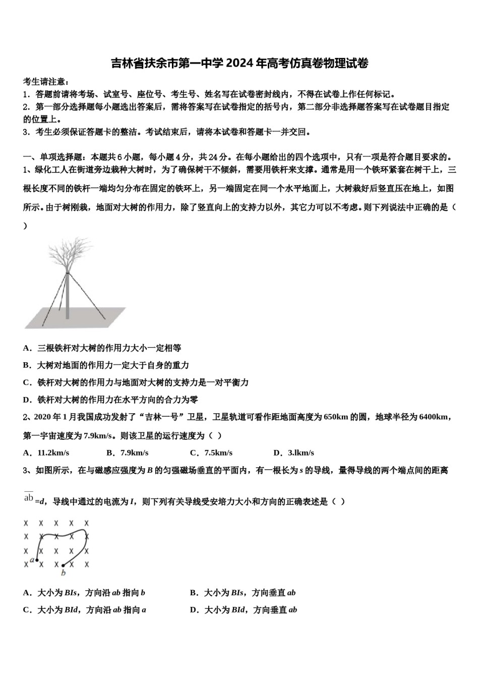 吉林省扶余市第一中学2024年高考仿真卷物理试卷含解析.doc_第1页