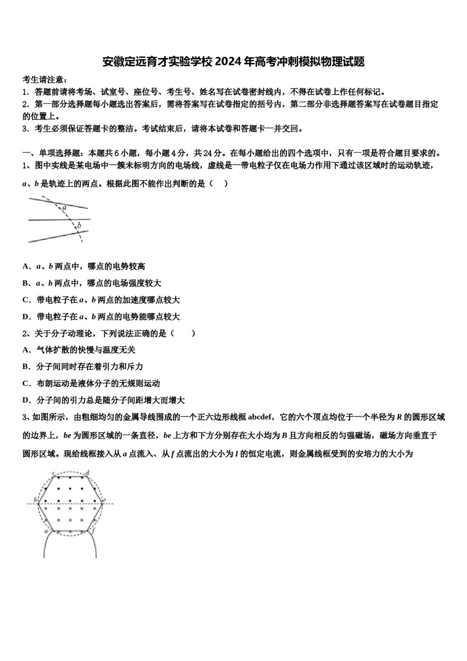 安徽定远育才实验学校2024年高考冲刺模拟物理试题含解析.doc_第1页