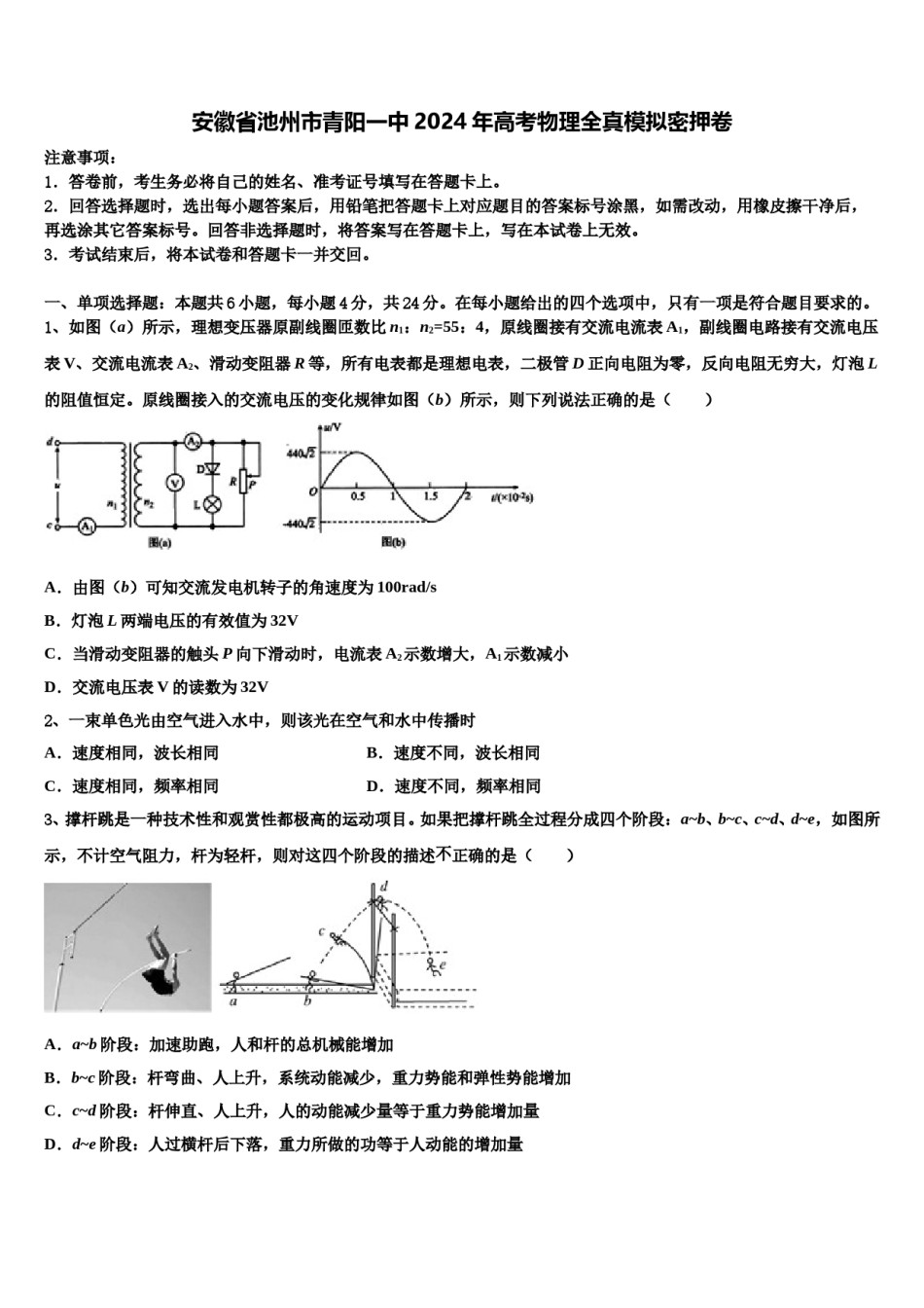 安徽省池州市青阳一中2024年高考物理全真模拟密押卷含解析.doc_第1页
