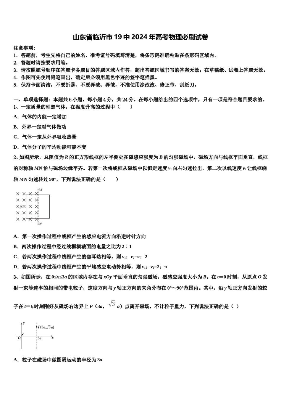 山东省临沂市19中2024年高考物理必刷试卷含解析.doc_第1页
