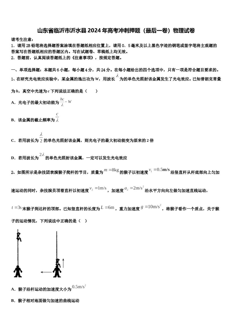 山东省临沂市沂水县2024年高考冲刺押题（最后一卷）物理试卷含解析.doc_第1页