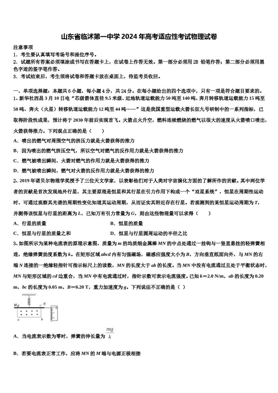 山东省临沭第一中学2024年高考适应性考试物理试卷含解析.doc_第1页