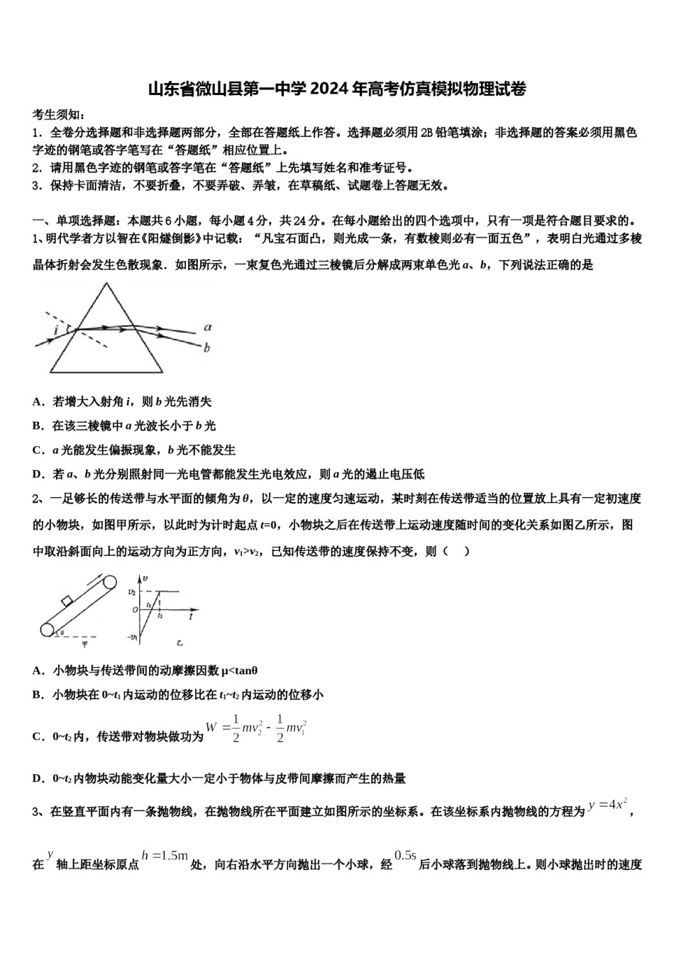 山东省微山县第一中学2024年高考仿真模拟物理试卷含解析.doc_第1页