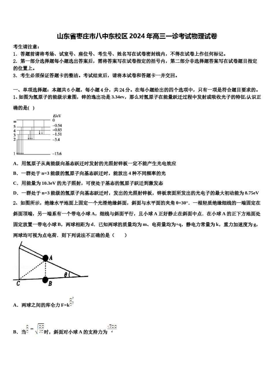 山东省枣庄市八中东校区2024年高三一诊考试物理试卷含解析.doc_第1页