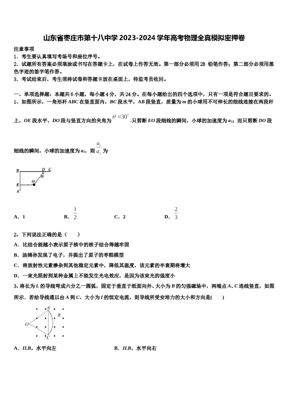 山东省枣庄市第十八中学2023-2024学年高考物理全真模拟密押卷含解析.doc_第1页