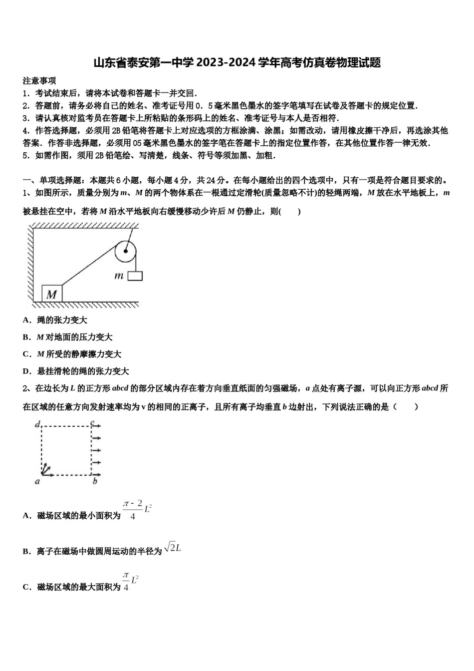 山东省泰安第一中学2023-2024学年高考仿真卷物理试题含解析.doc_第1页