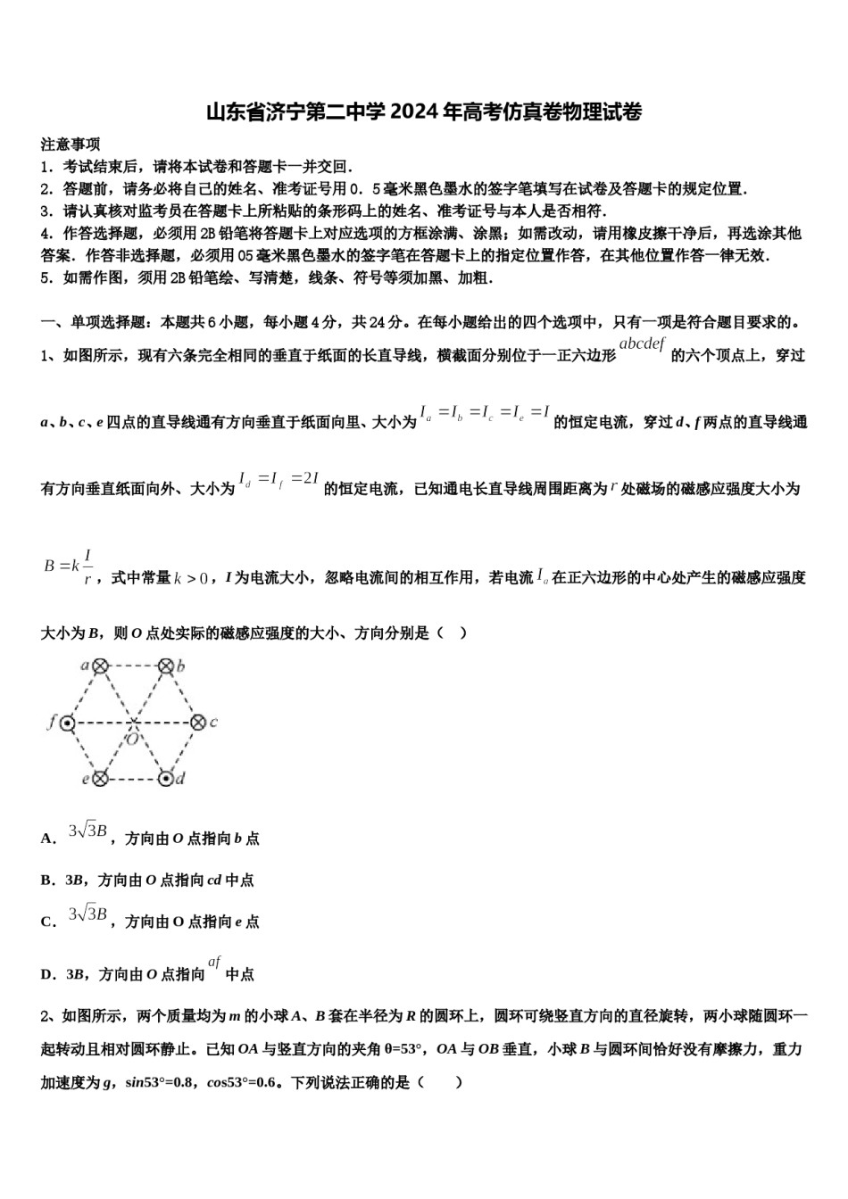山东省济宁第二中学2024年高考仿真卷物理试卷含解析.doc_第1页