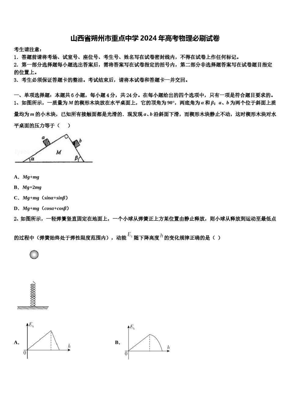 山西省朔州市重点中学2024年高考物理必刷试卷含解析.doc_第1页