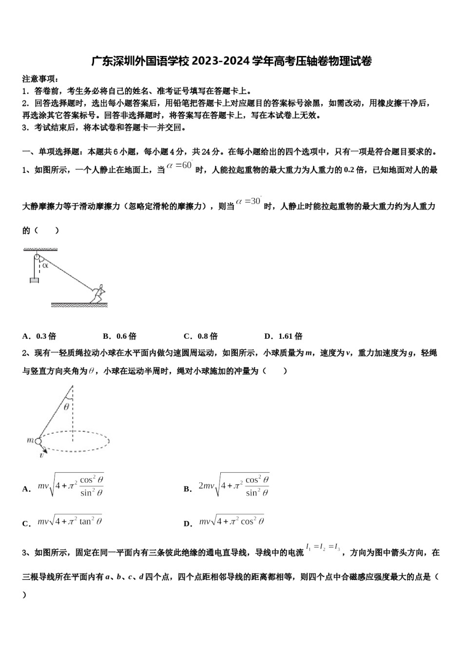 广东深圳外国语学校2023-2024学年高考压轴卷物理试卷含解析.doc_第1页