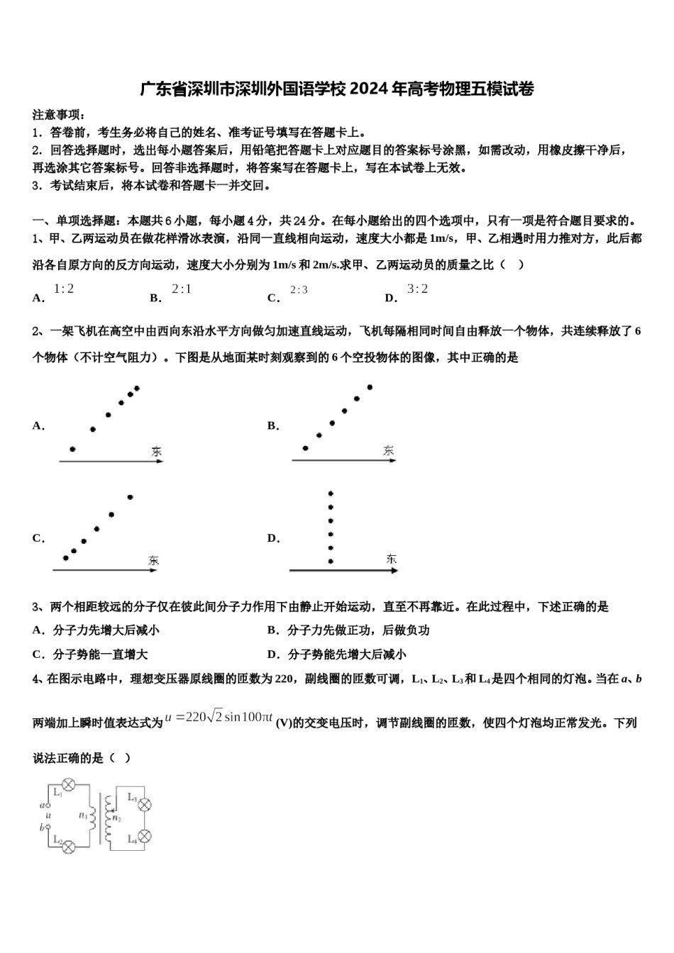 广东省深圳市深圳外国语学校2024年高考物理五模试卷含解析.doc_第1页