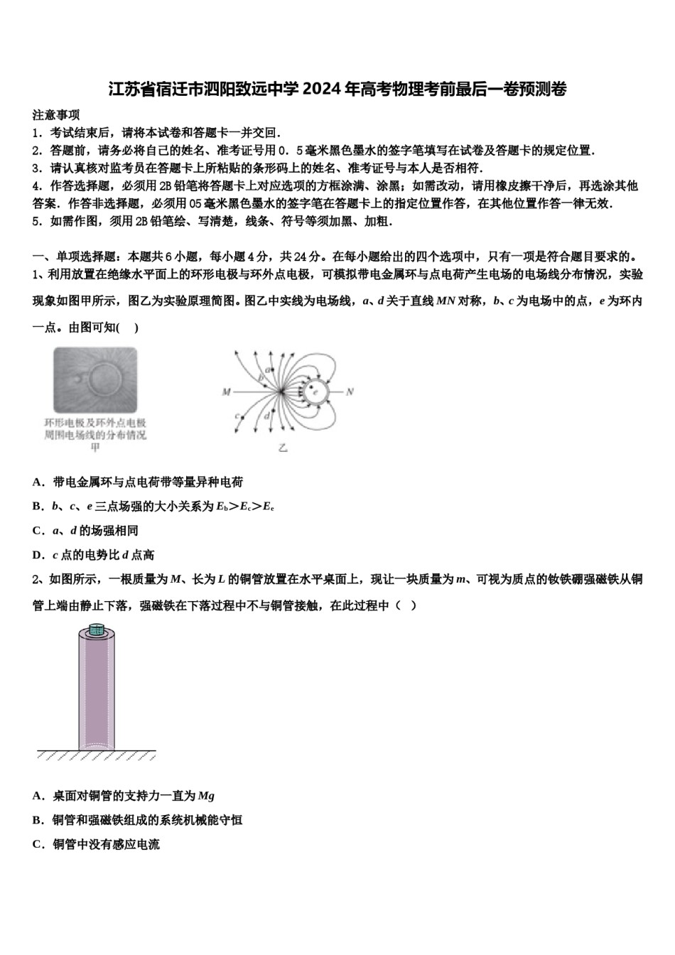 江苏省宿迁市泗阳致远中学2024年高考物理考前最后一卷预测卷含解析.doc_第1页