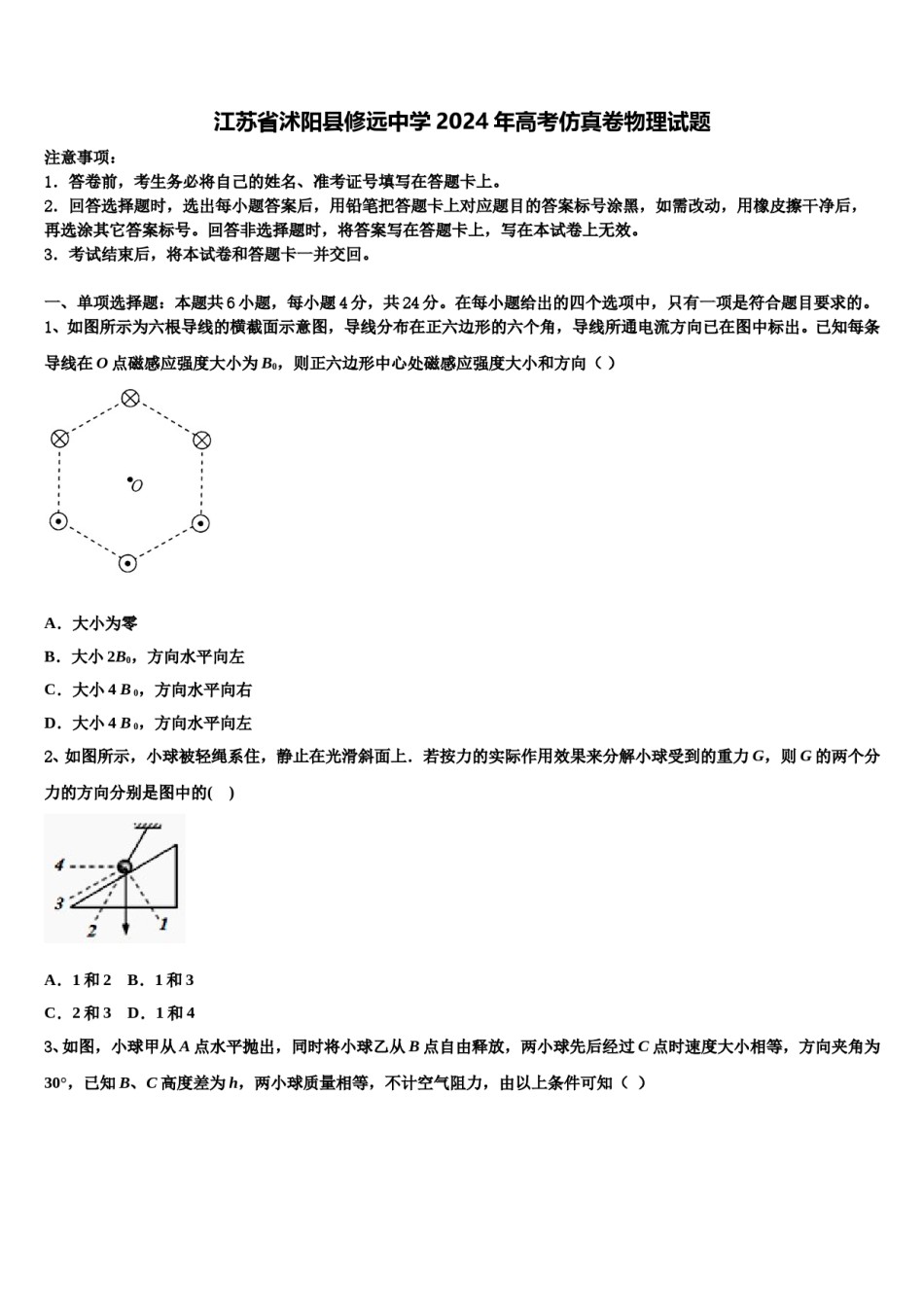 江苏省沭阳县修远中学2024年高考仿真卷物理试题含解析.doc_第1页